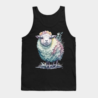 Sheep with Flower Crown: Scattered Watercolor in Pastel Colors Tank Top